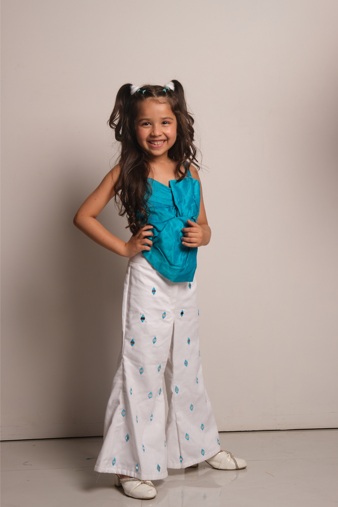 Girls' Aqua Blue & White Co-Ord Set with Knot Top and Embroidered Pants