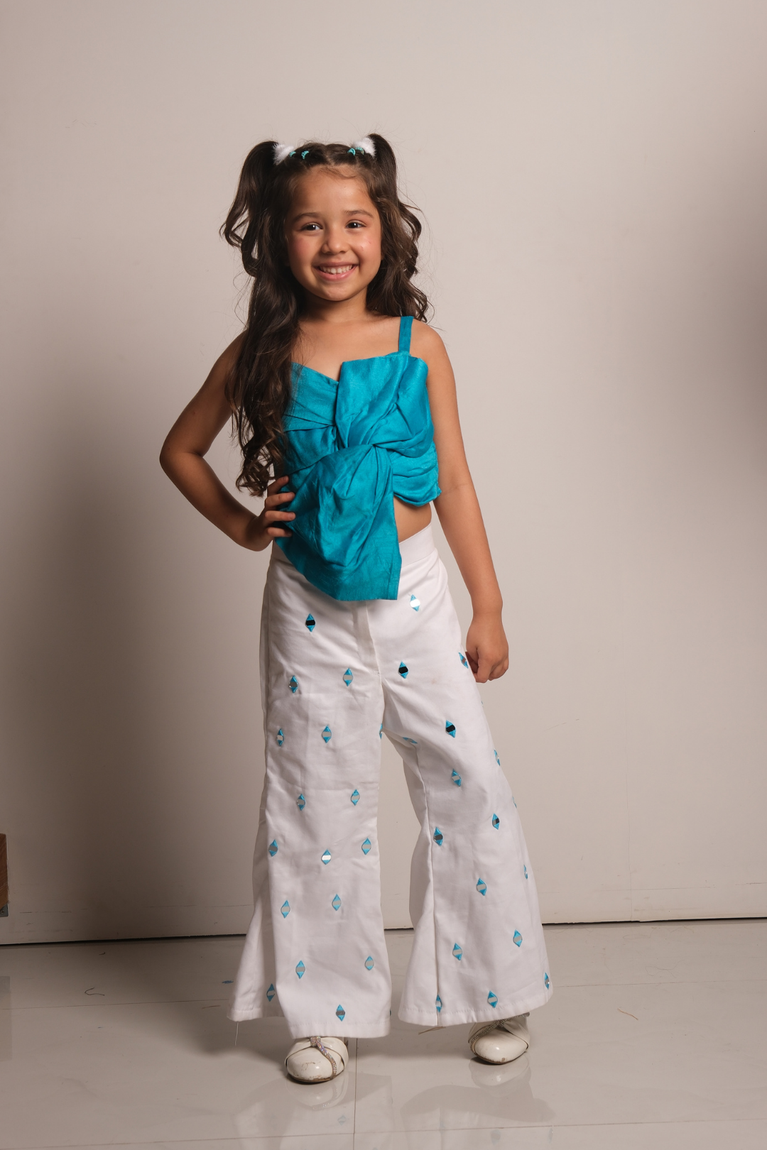 Girls' Aqua Blue & White Co-Ord Set with Knot Top and Embroidered Pants