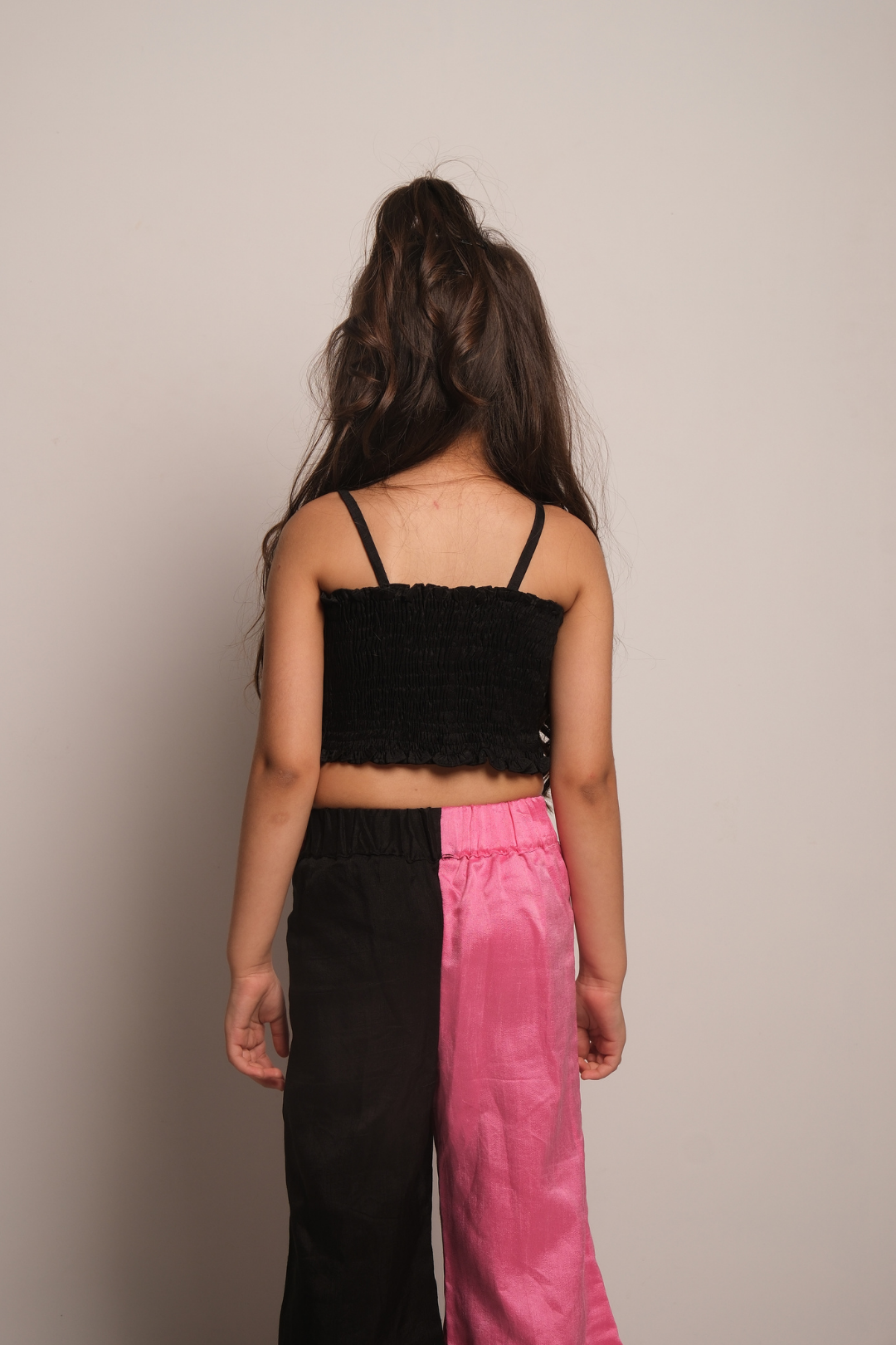 Girls' Pink & Black Co-Ord Set with Floral Embellished Crop Top