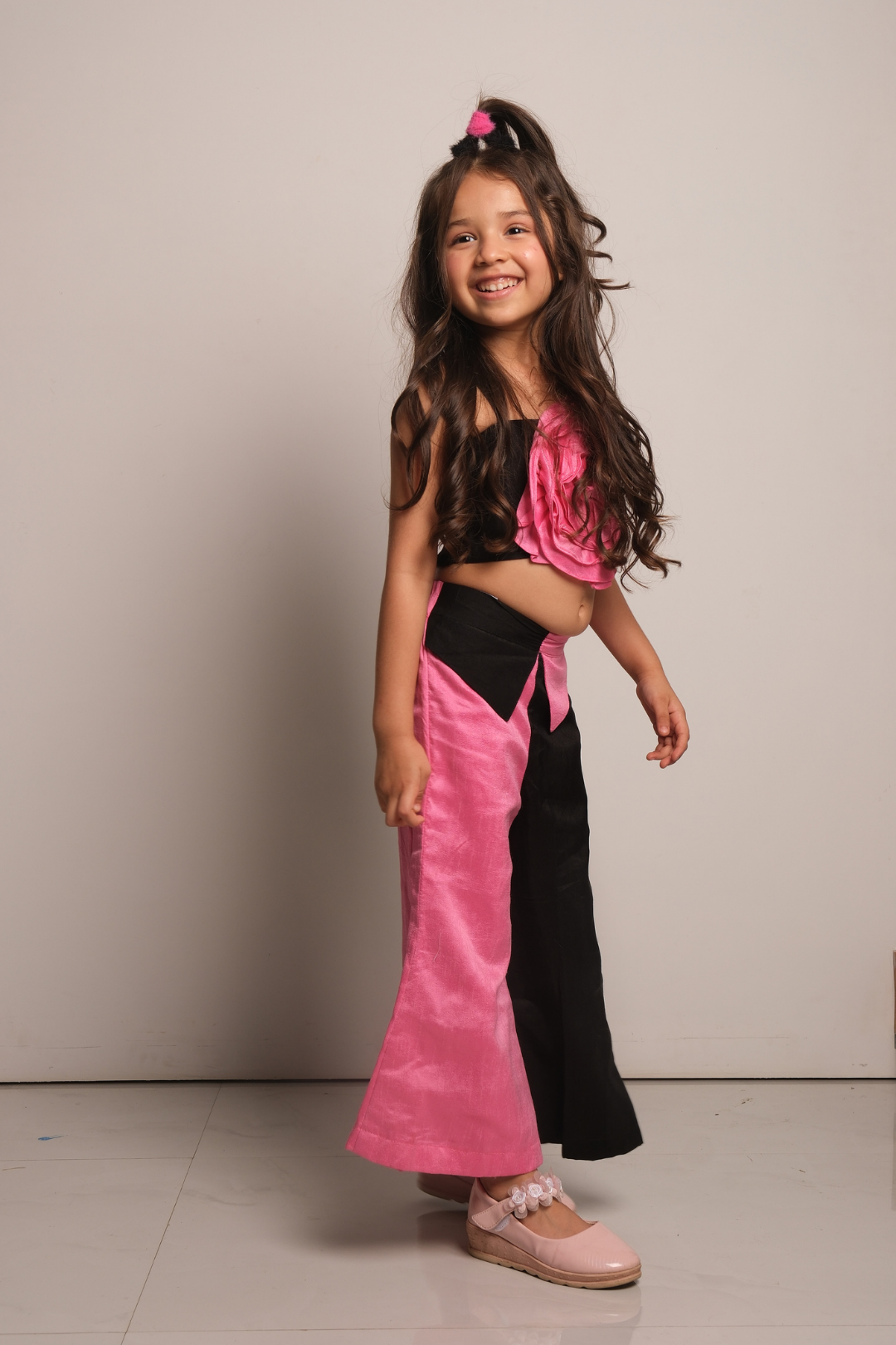 Girls' Pink & Black Co-Ord Set with Floral Embellished Crop Top