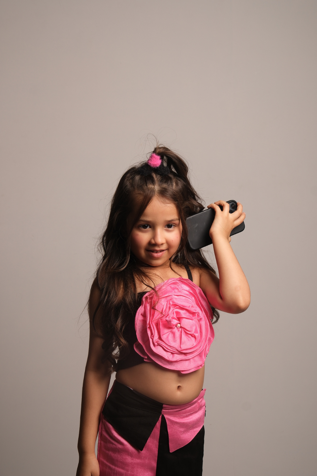 Girls' Pink & Black Co-Ord Set with Floral Embellished Crop Top