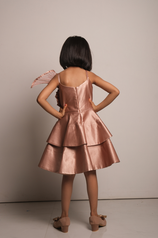 Girls' Rose Gold Satin Party Dress with Layered Hem & Statement Shoulder Detail
