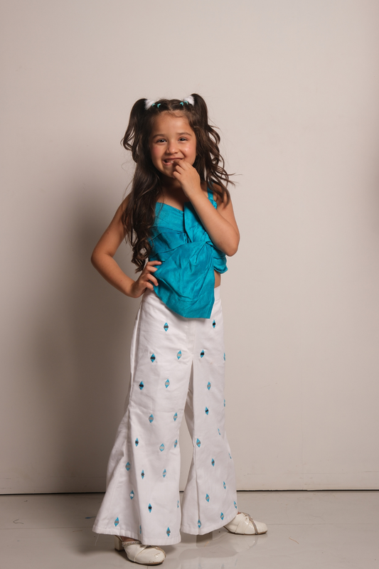 Girls' Aqua Blue & White Co-Ord Set with Knot Top and Embroidered Pants