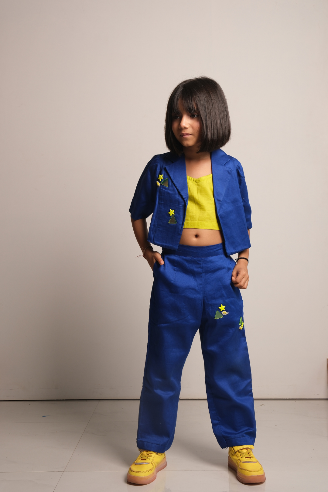 Girls' Royal Blue Co-ord Set with Yellow Crop Top & Embroidered Accents