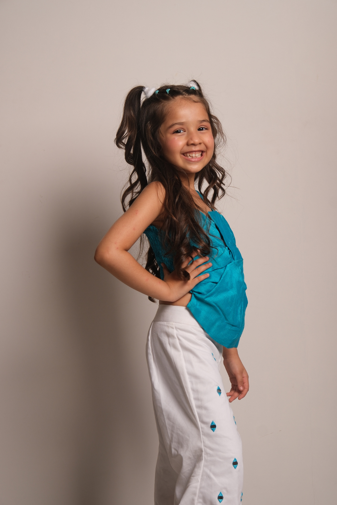 Girls' Aqua Blue & White Co-Ord Set with Knot Top and Embroidered Pants