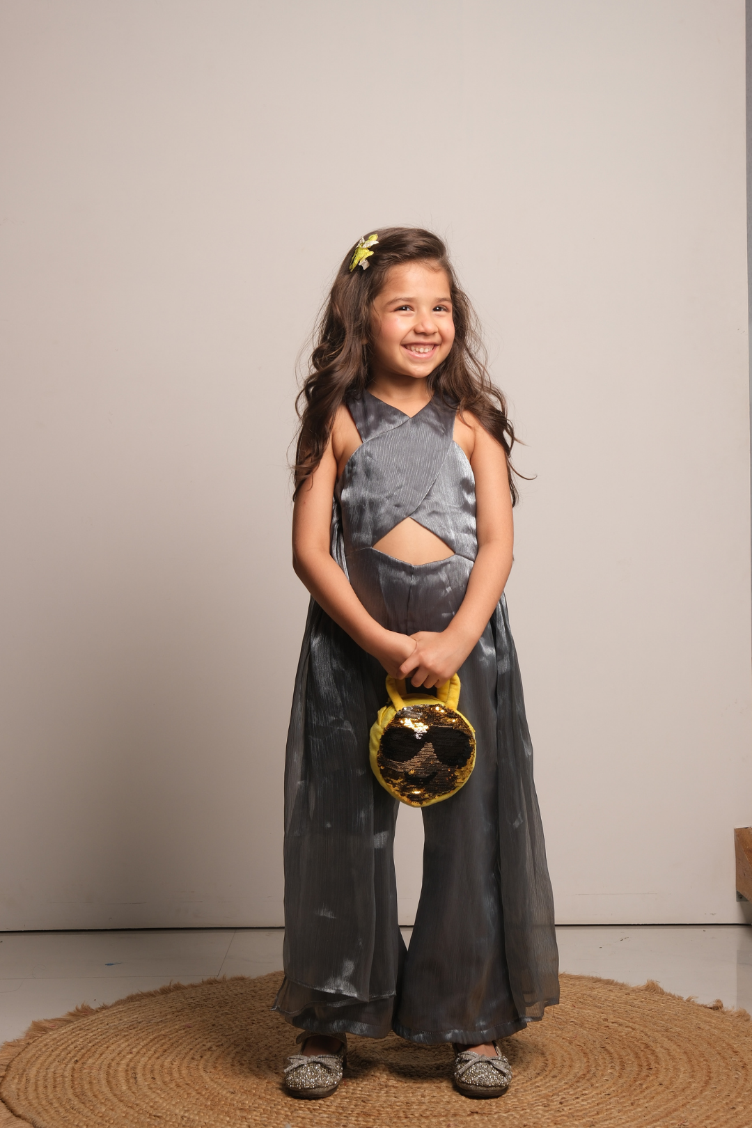Girls' Metallic Grey Drape Jumpsuit with Butterfly Sleeves