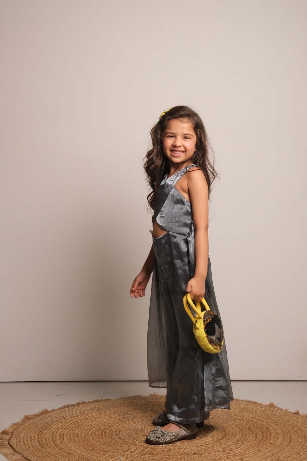 Girls' Metallic Grey Drape Jumpsuit with Butterfly Sleeves