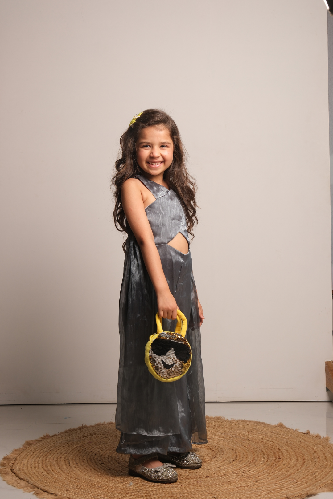 Girls' Metallic Grey Drape Jumpsuit with Butterfly Sleeves