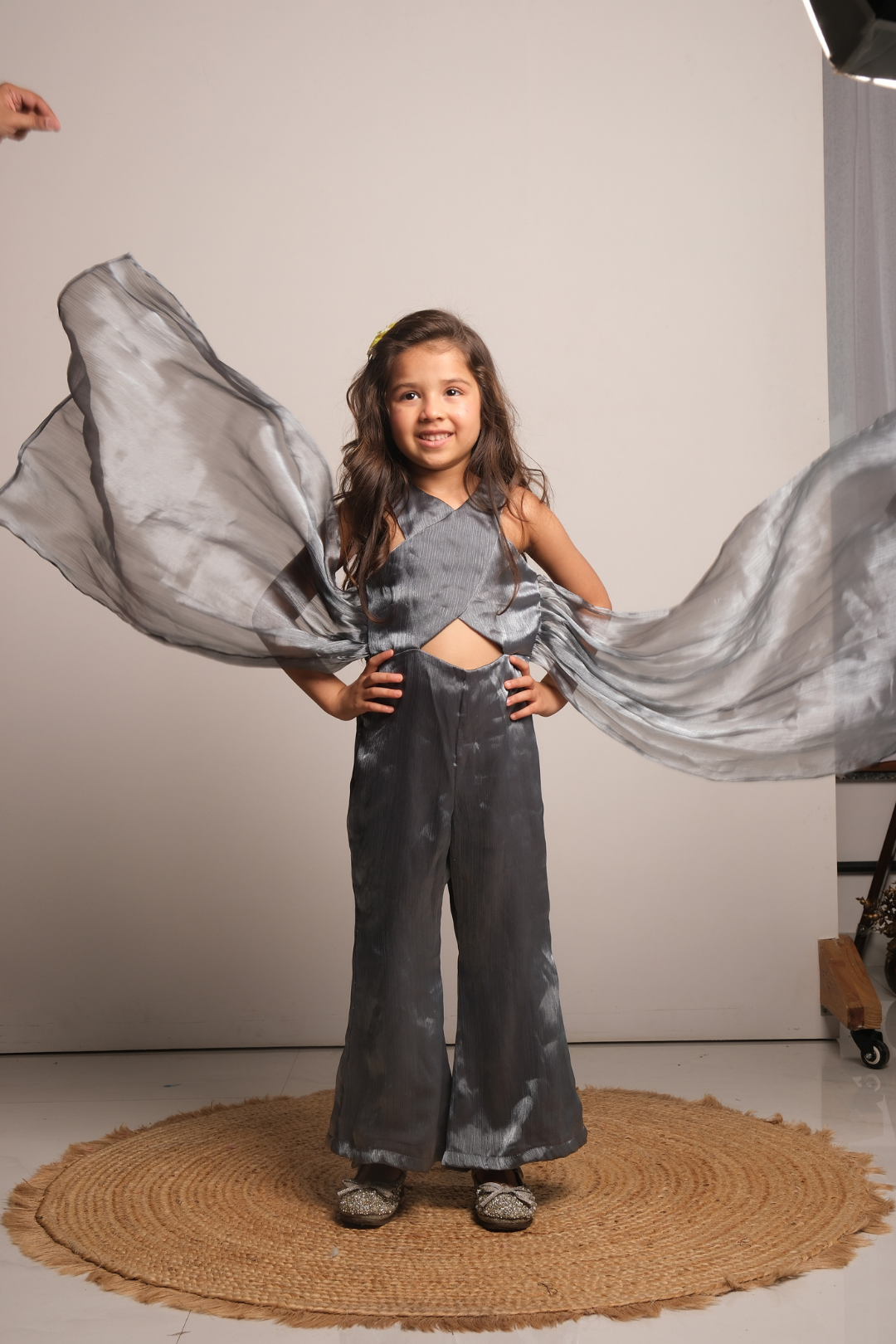 Girls' Metallic Grey Drape Jumpsuit with Butterfly Sleeves