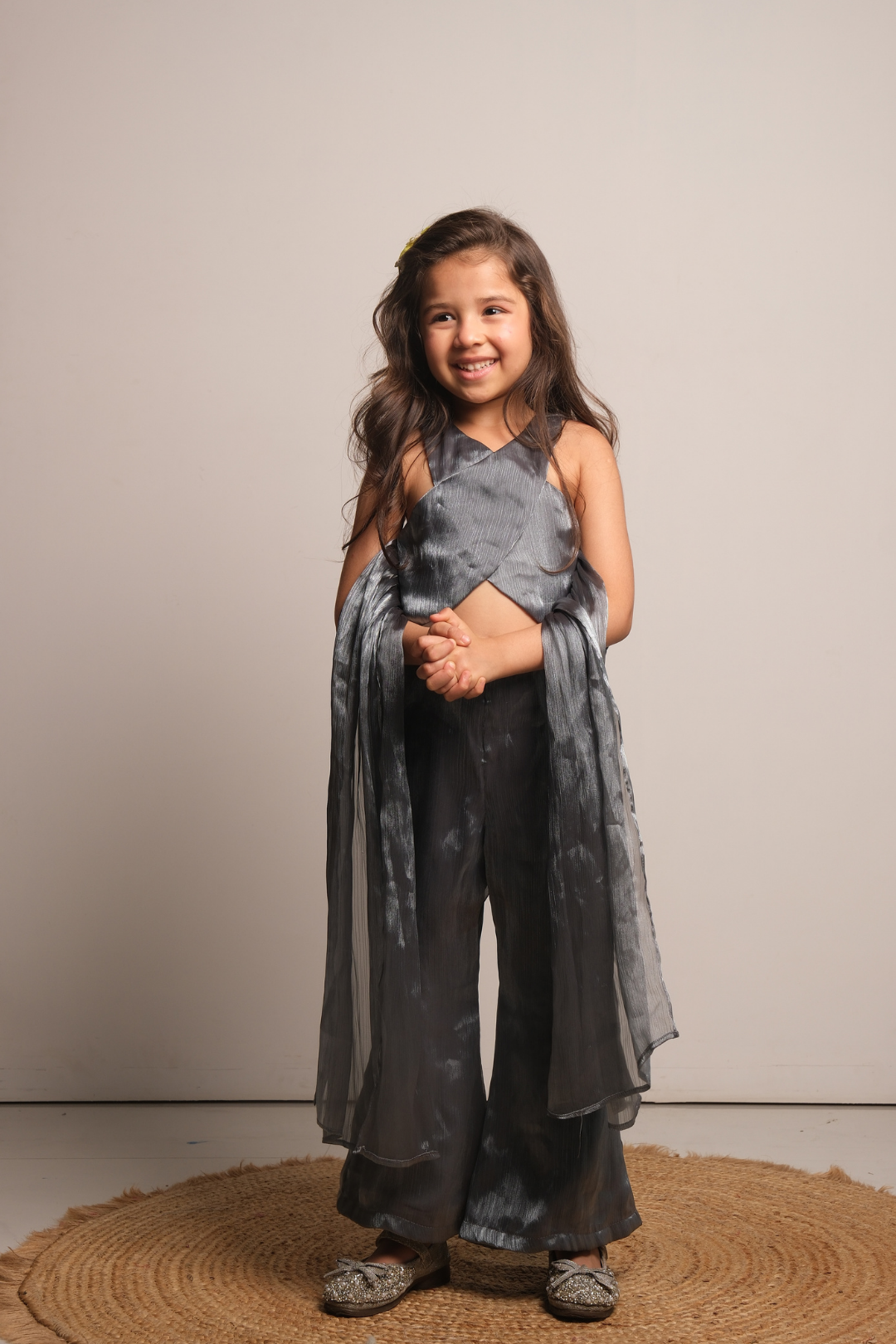 Girls' Metallic Grey Drape Jumpsuit with Butterfly Sleeves