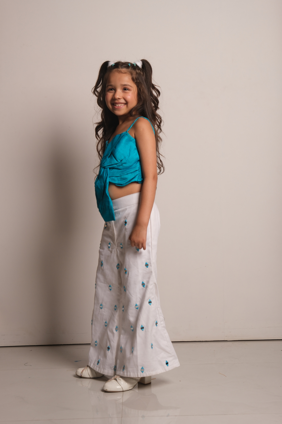 Girls' Aqua Blue & White Co-Ord Set with Knot Top and Embroidered Pants