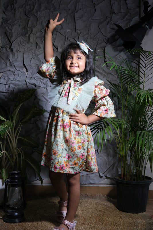 Blossom Breeze" Girls Floral Frock with Mesh Yoke and Bow