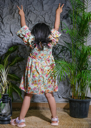 Floral Puff-Sleeve Dress with Net Yoke for Girls